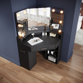 Corner dressing table with movable triple mirror, 3 open compartments, and 2 drawers, black