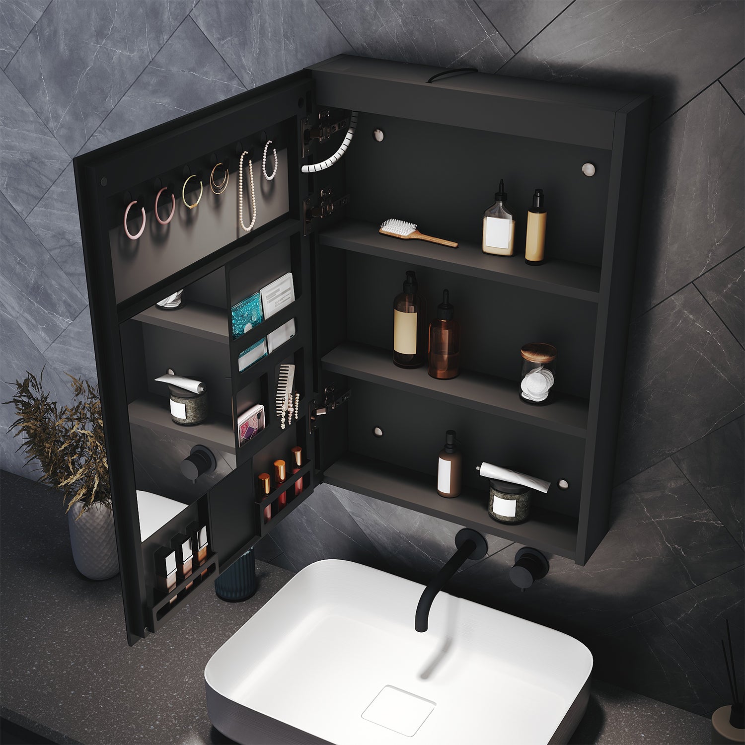 LED Bathroom Cabinet with Makeup Storage Shelf, color Hemp Black , 485x700x130mm