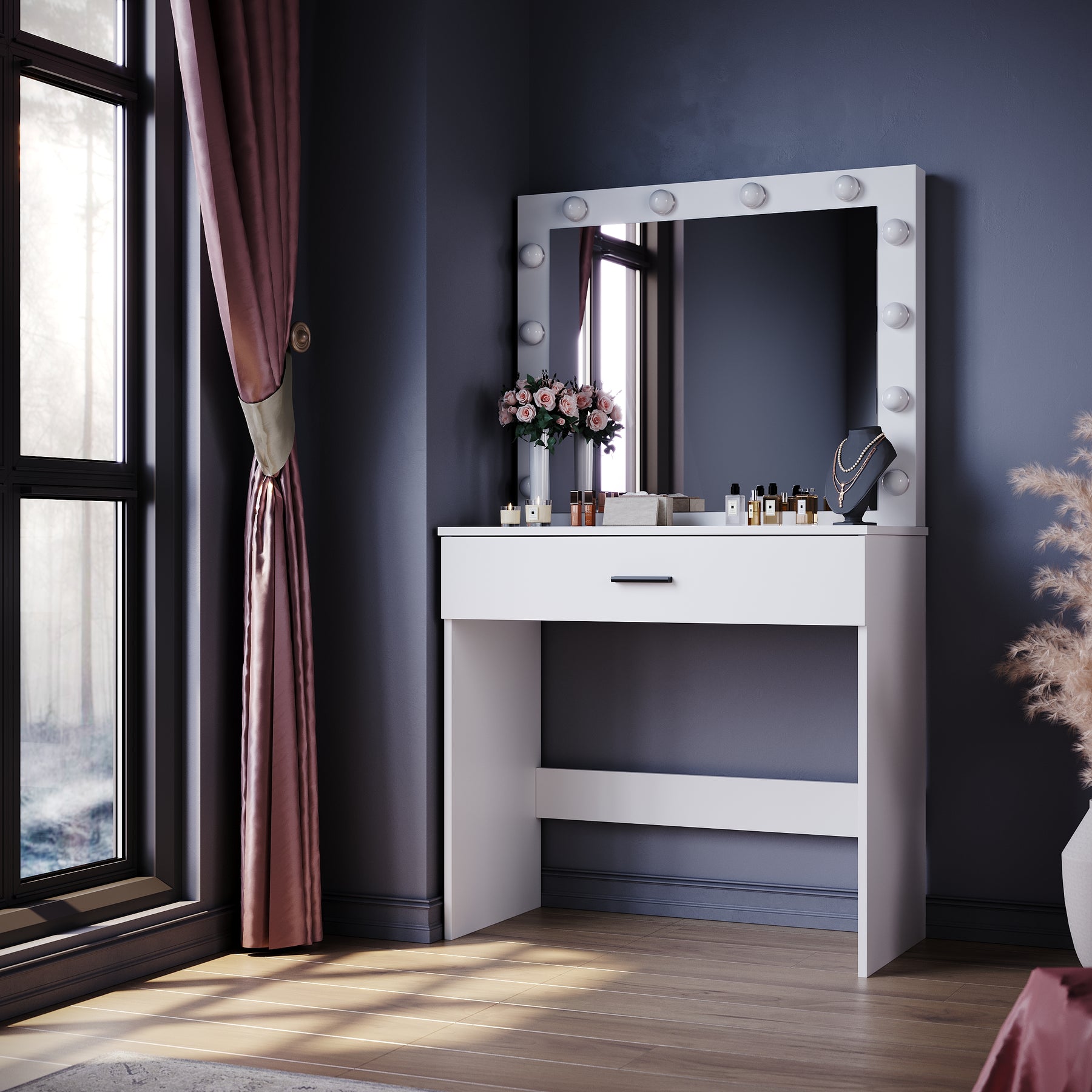 Dressing Table Vanity Set Stool Makeup 12 LED Bulbs Jewellery Organizer Cabinet