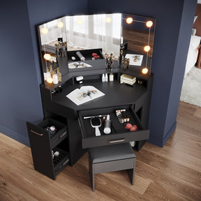 Corner dressing table with movable triple mirror, 3 open compartments, and 2 drawers, black