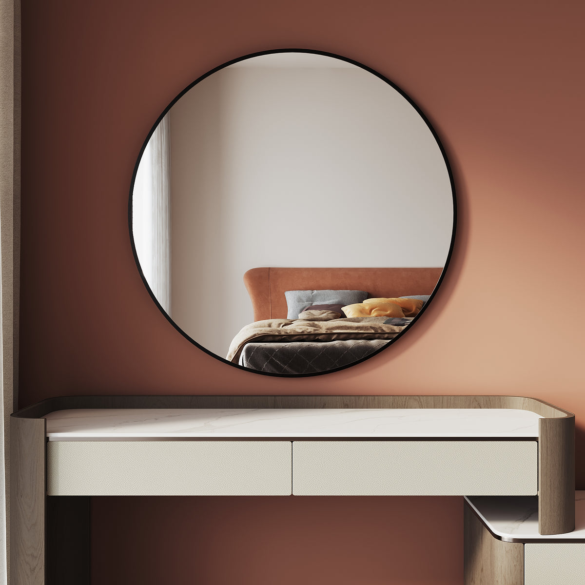 Black-framed round makeup mirror without light, wall-mounted or tabletop, 800x800x25mm