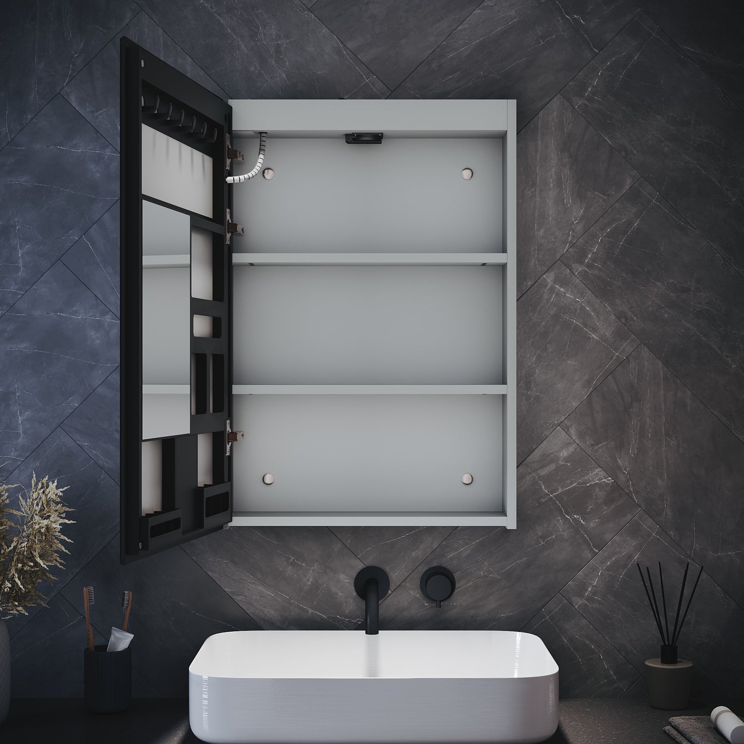 Single-door grey wooden mirror cabinet with cosmetic shelf 485x700x130mm