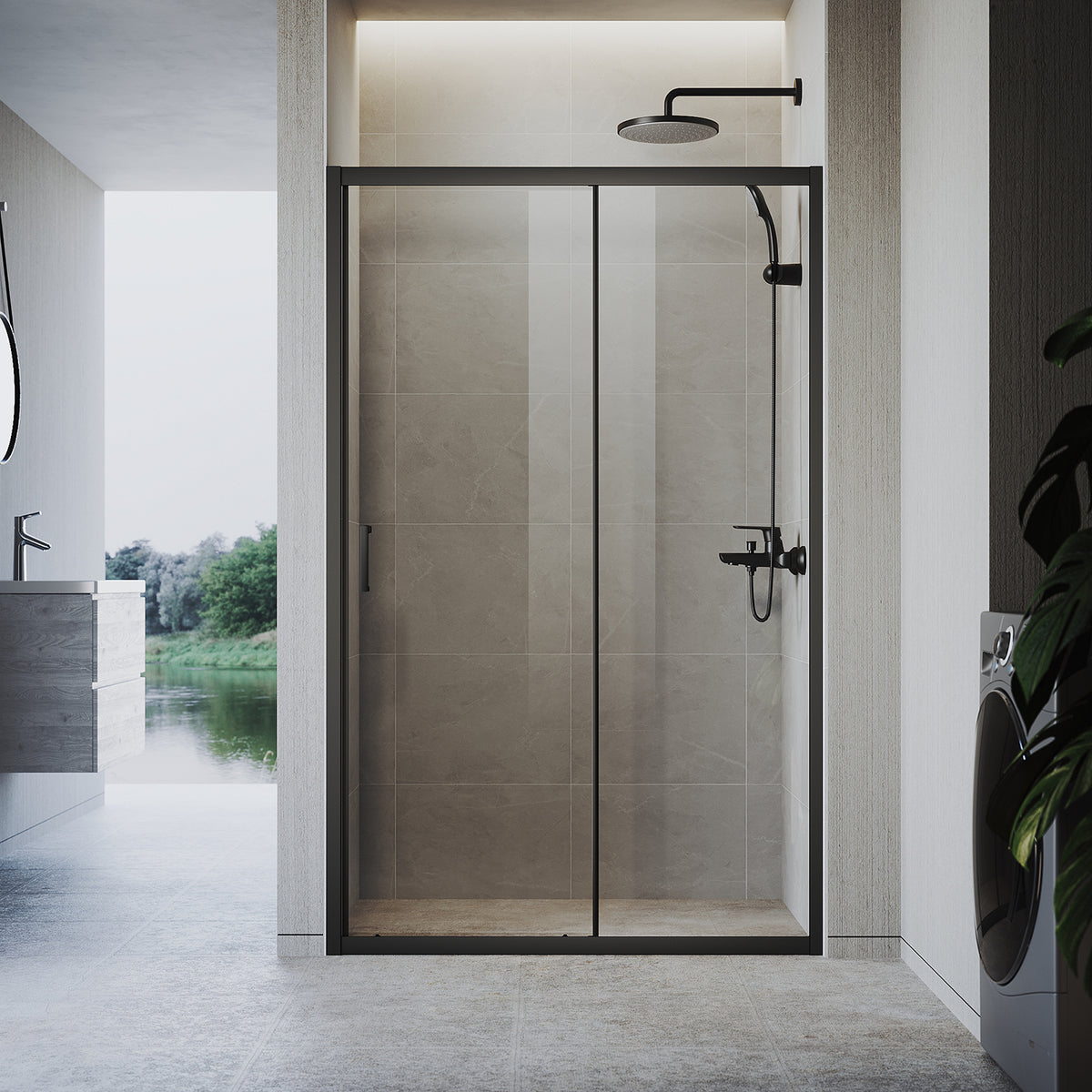 Sliding door shower enclosure, black framed, two-panel sliding shower screen