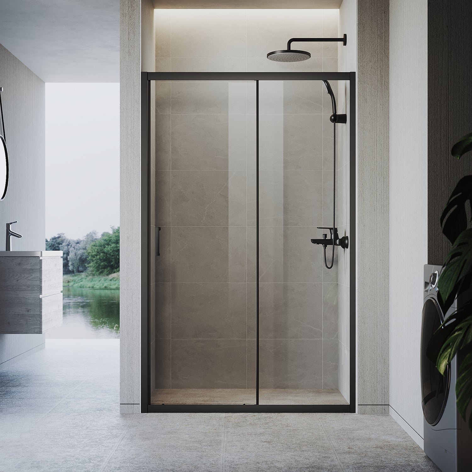 Sliding door shower enclosure, black framed, two-panel sliding shower screen