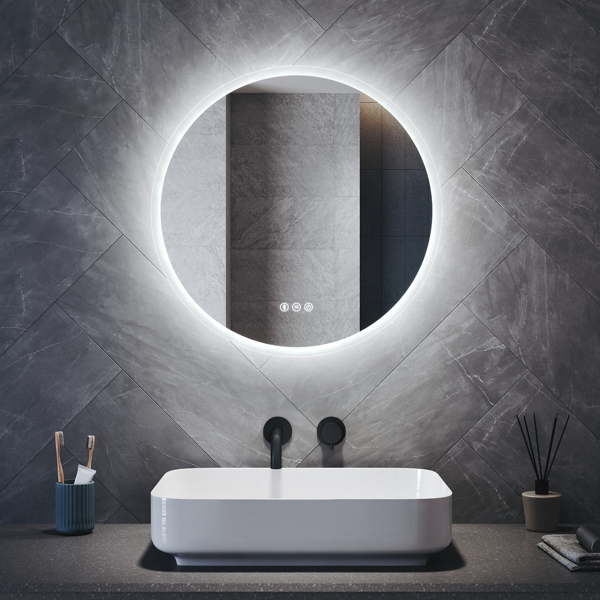 Round LED Bathroom Mirror with Touch Switch, Bluetooth, 3 Adjustable Light Colors, 600x600mm