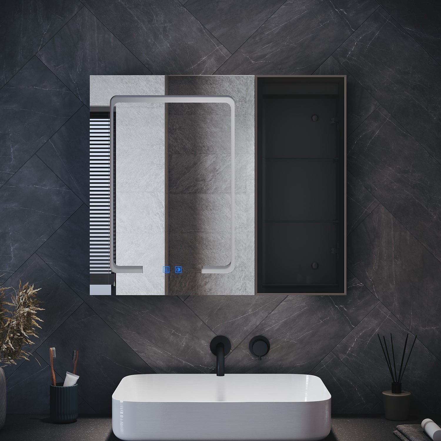 Bathroom cabinet with integrated mood lighting and glass shelves, Black Hemp, 700x600x125mm