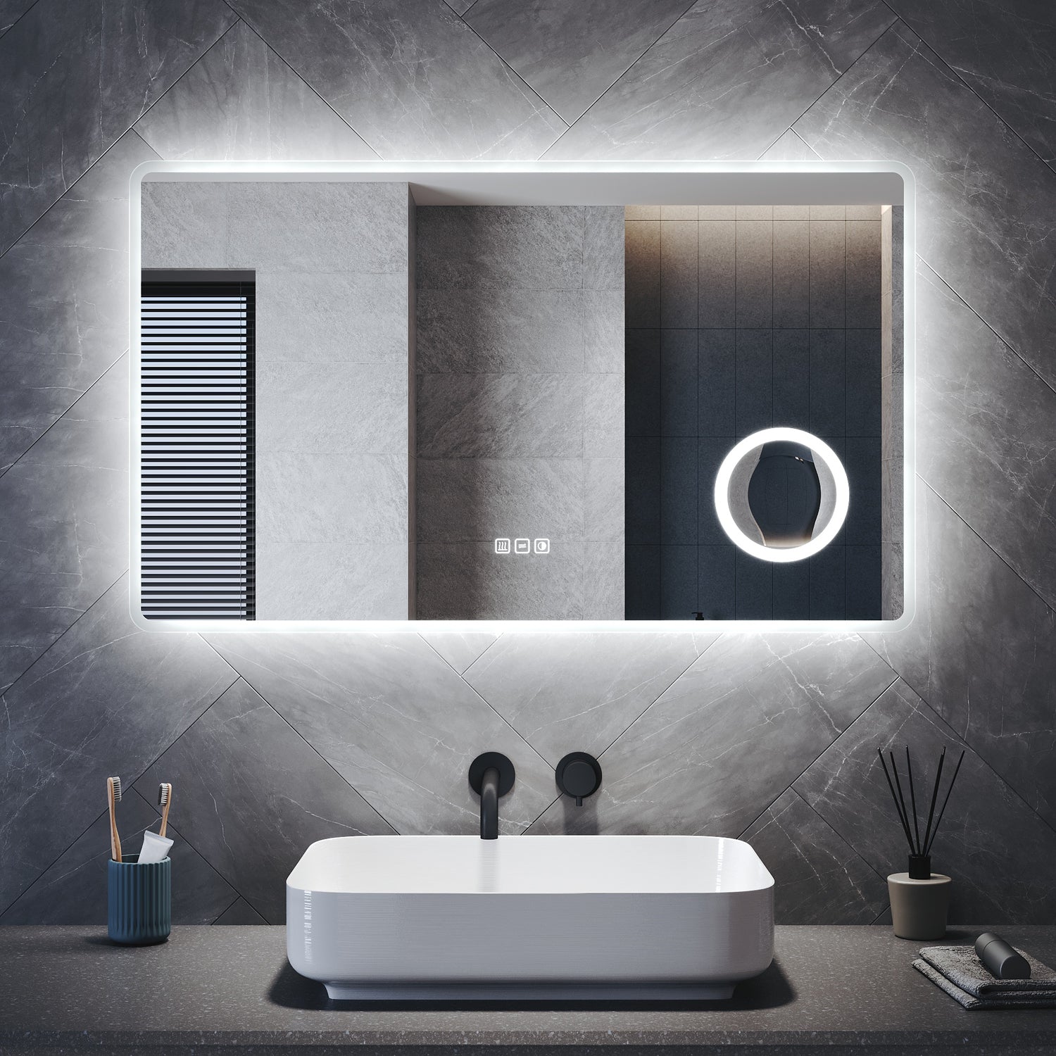 Lighted bathroom mirror with 3x magnification and wall outlet, memory function, 800x600x35mm