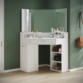 Corner dressing table with movable triple mirror, 3 open compartments, and 2 drawers, white