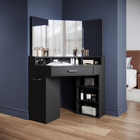 Corner dressing table with movable triple mirror, 3 open compartments, and 2 drawers, black