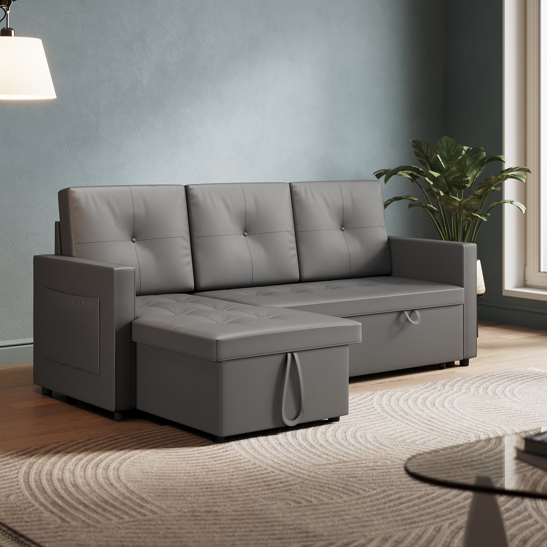 3 in 1 Corner Sofas with Pull-Out Bed, Hidden Storage and Plastic Legs, Dark Gray