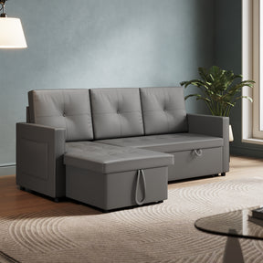 3 in 1 Corner Sofas with Pull-Out Bed, Hidden Storage and Plastic Legs, Dark Gray