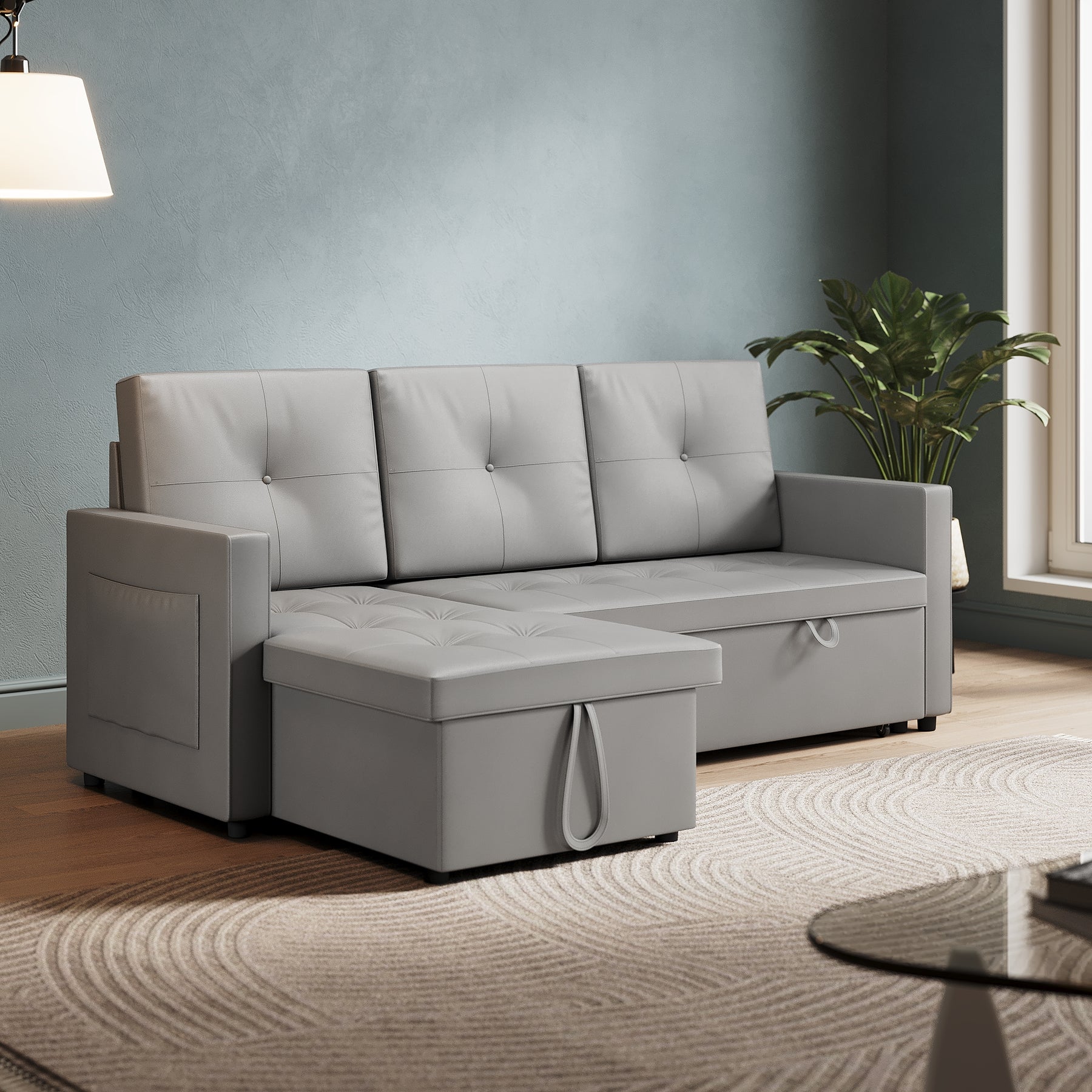 3 in 1 Corner Sofas with Pull-Out Bed, Hidden Storage and Plastic Legs, Light Gray