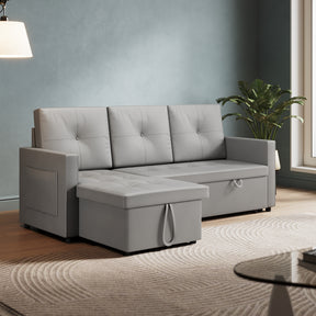 3 in 1 Corner Sofas with Pull-Out Bed, Hidden Storage and Plastic Legs, Light Gray