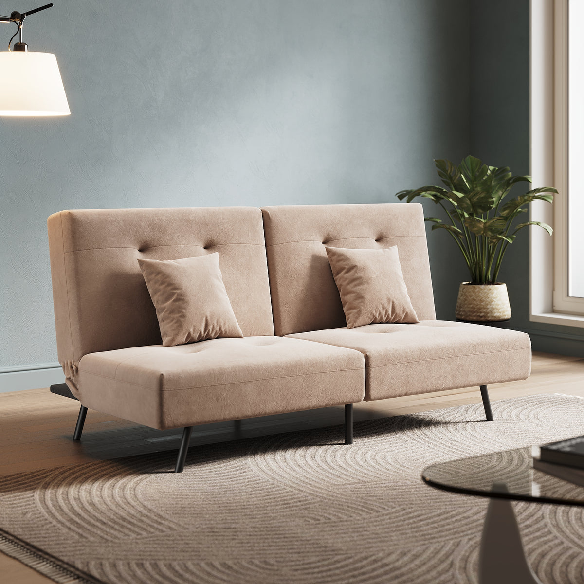 Sofa Bed 2 Seater with Sofa Bed Storage, Double Fold Design, Iron Legs, Adjustable Backrest and 2 Cushions, Khaki