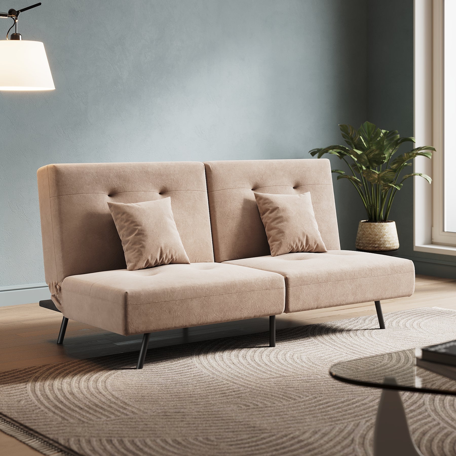 Sofa Bed 2 Seater with Sofa Bed Storage, Double Fold Design, Iron Legs, Adjustable Backrest and 2 Cushions, Khaki