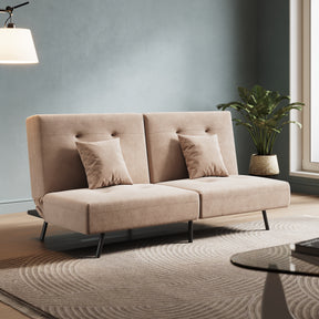 Sofa Bed 2 Seater with Sofa Bed Storage, Double Fold Design, Iron Legs, Adjustable Backrest and 2 Cushions, Khaki