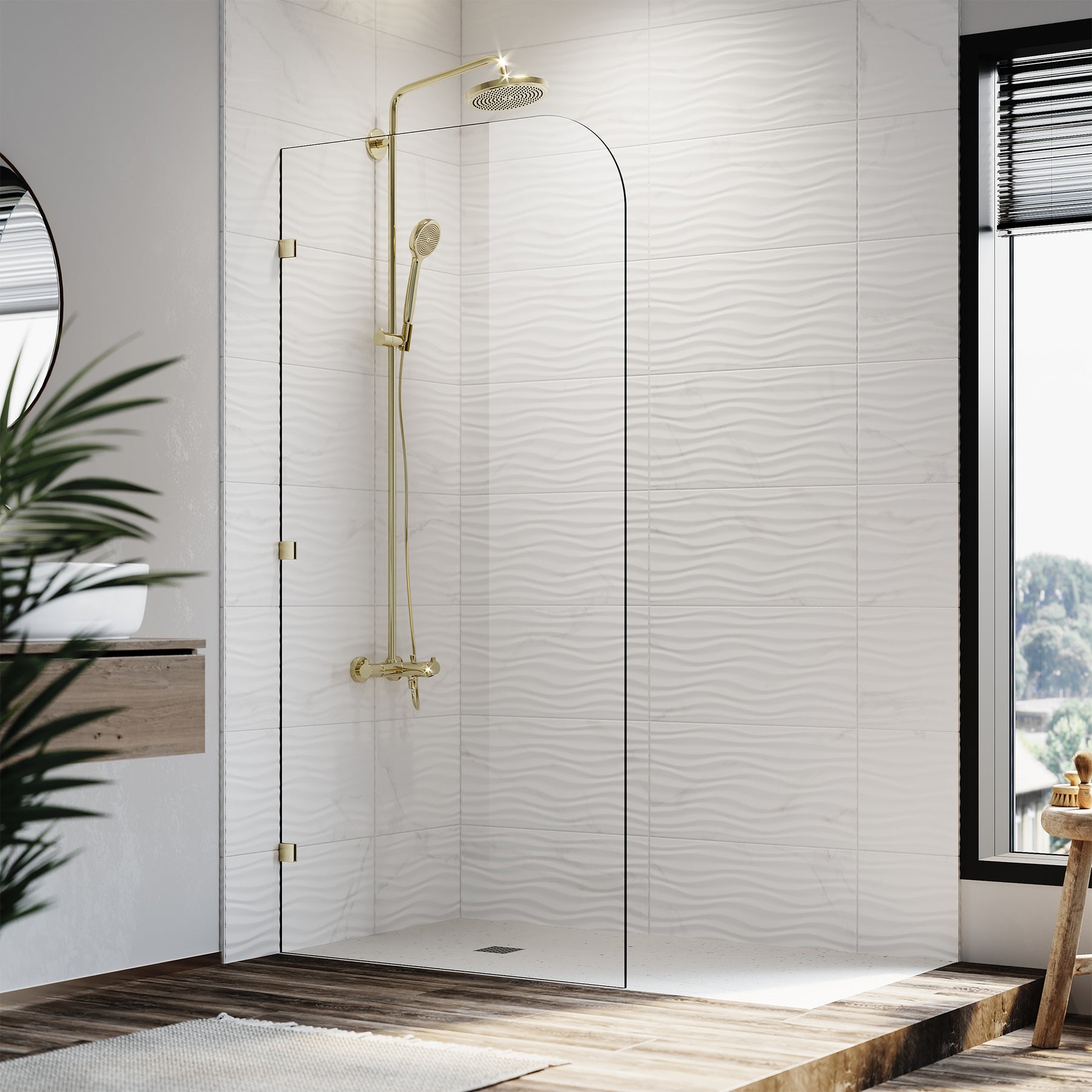Elegant Showers Walk In Shower Frameless Screen Brushed Gold Hardware Fixed Panel 10mm Toughened Glass