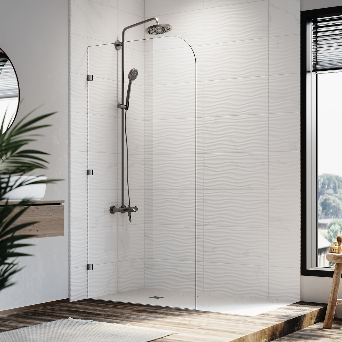 Elegant Showers Walk In Shower Frameless Screen Brushed Nickel Hardware Fixed Panel 10mm Toughened Glass