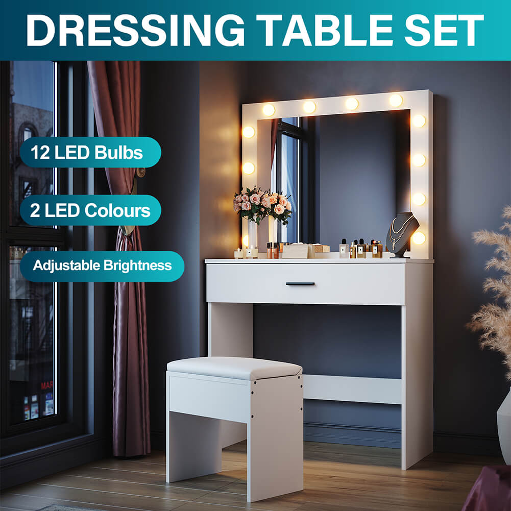 Dressing Table Vanity Set Stool Makeup 12 LED Bulbs Jewellery Organizer Cabinet - Elegantshowers