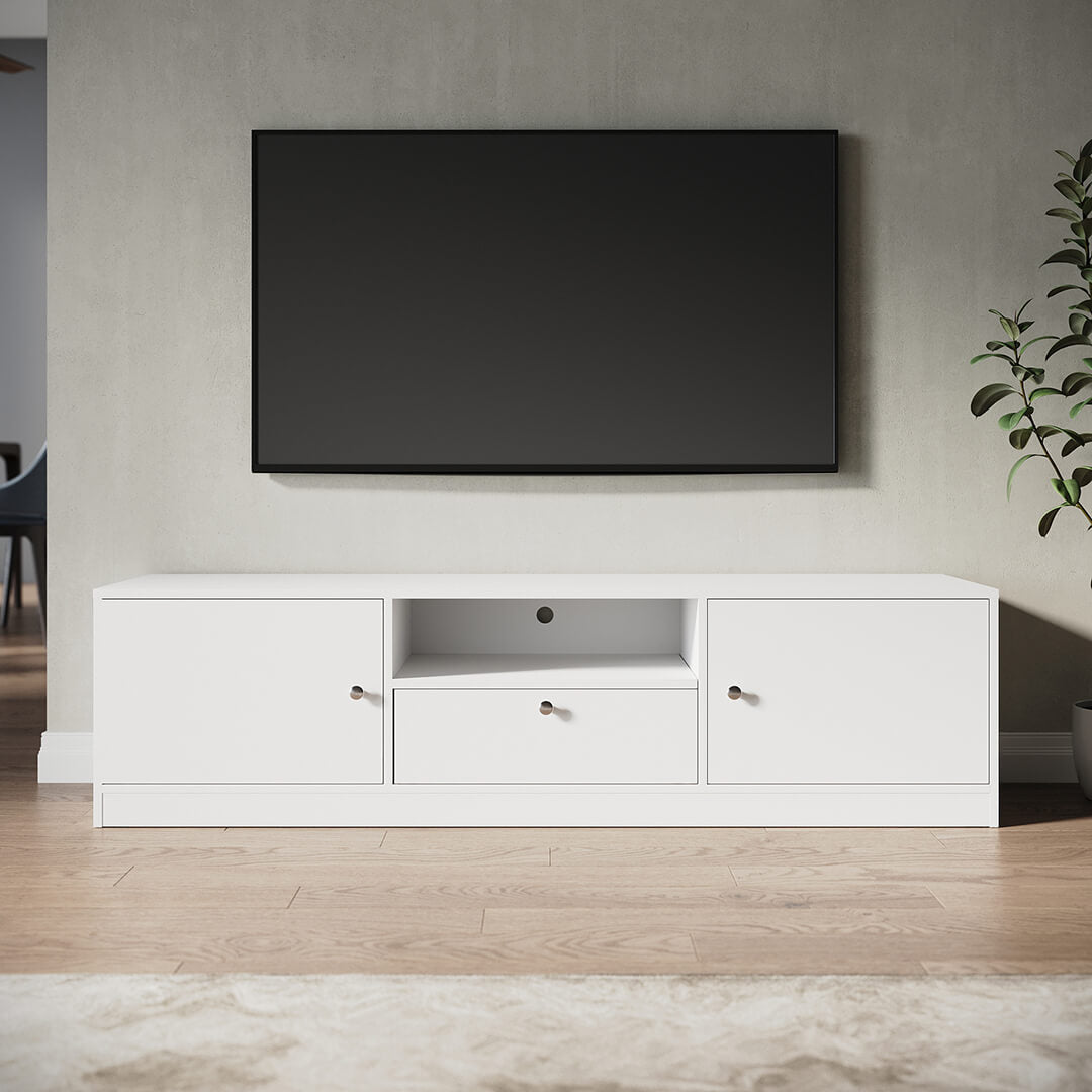 1600mm White TV Cabinet Entertainment Unit Stand with 1 open storage & 3 closed storage - Elegant Showers AU