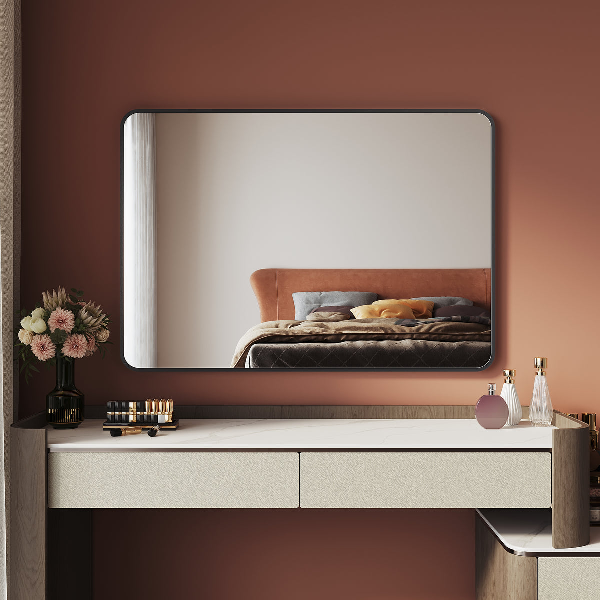 Makeup Mirror 1000x700x35mm, black frame, square wall mirror without light