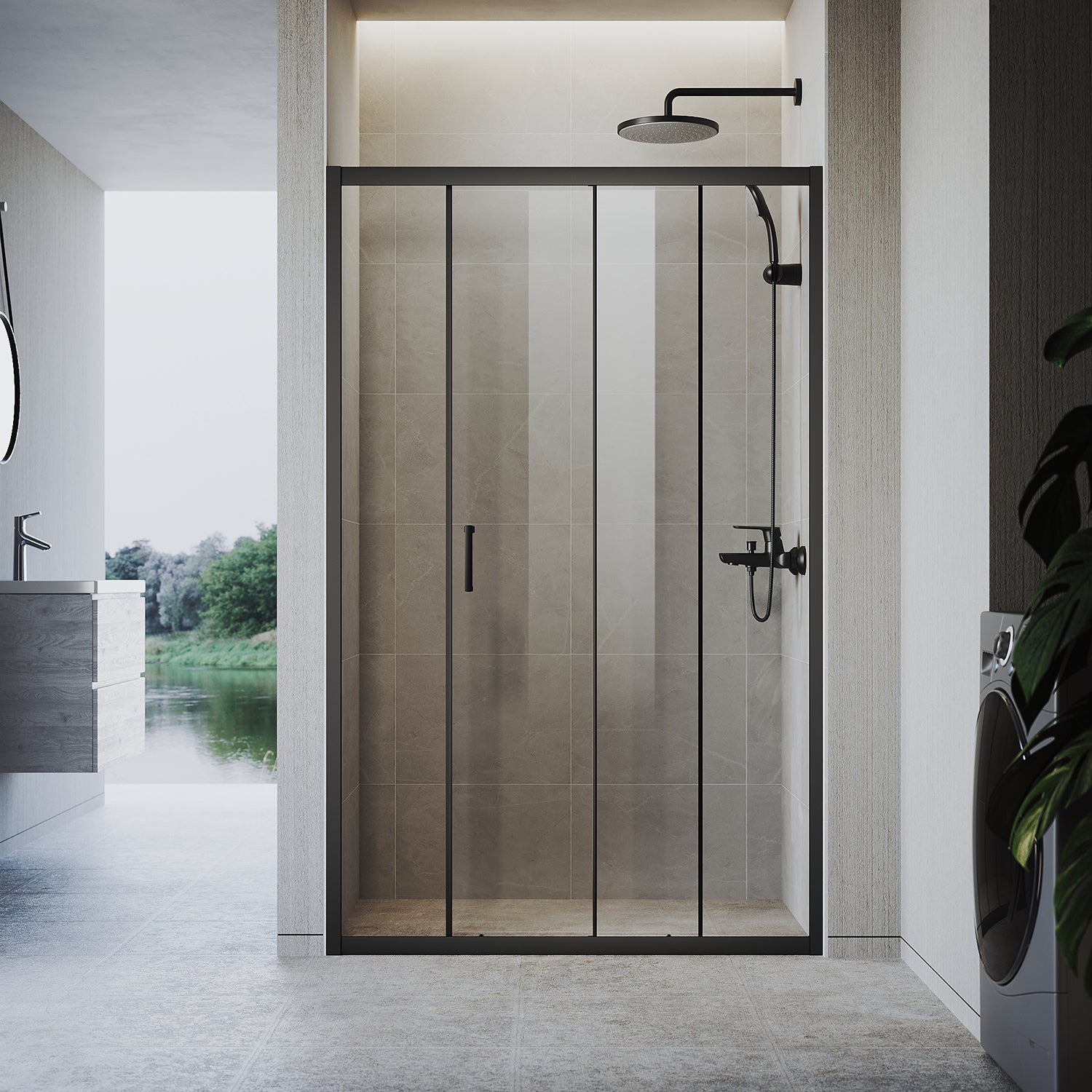 Sliding door shower enclosure, black framed, two-panel sliding shower screen