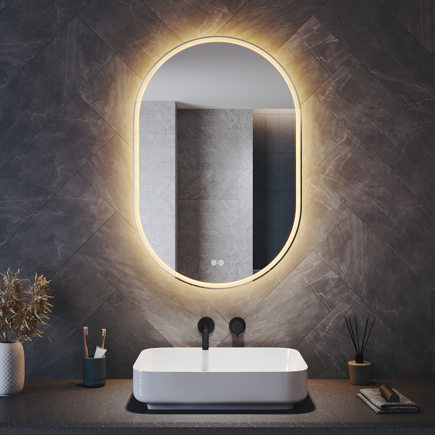 Oval LED bathroom mirror with anti-fog feature and shaver outlet, 800x500x35mm