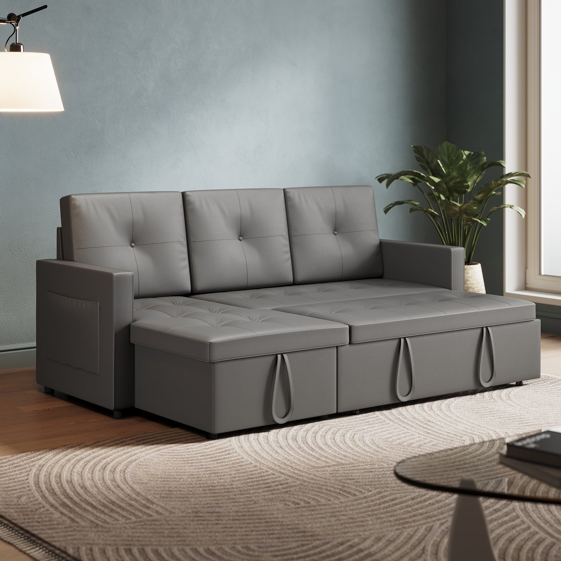 3 in 1 Corner Sofas with Pull-Out Bed, Hidden Storage and Plastic Legs, Dark Gray