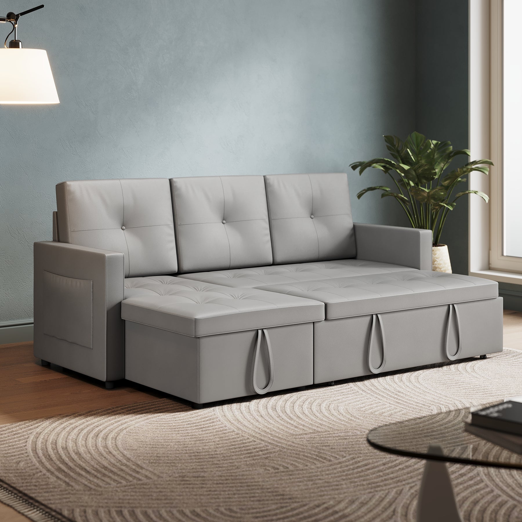 3 in 1 Corner Sofas with Pull-Out Bed, Hidden Storage and Plastic Legs, Light Gray