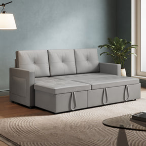 3 in 1 Corner Sofas with Pull-Out Bed, Hidden Storage and Plastic Legs, Light Gray