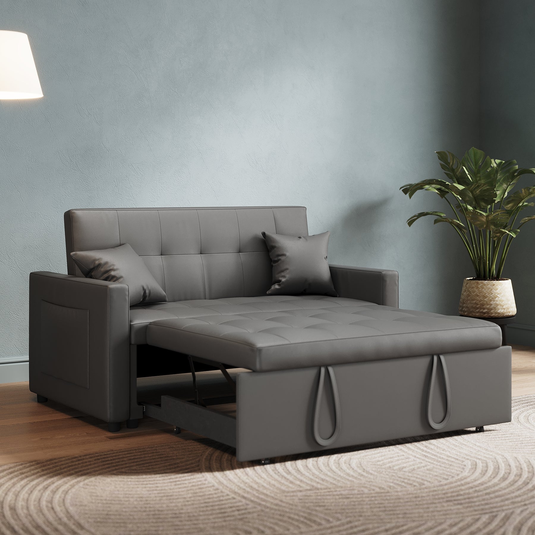 2 Seater Sofa Bed 3 in 1 with Storage, Hidden Pull-Out Bed, Adjustable Backrest and 2 Cushions, Dark Gray