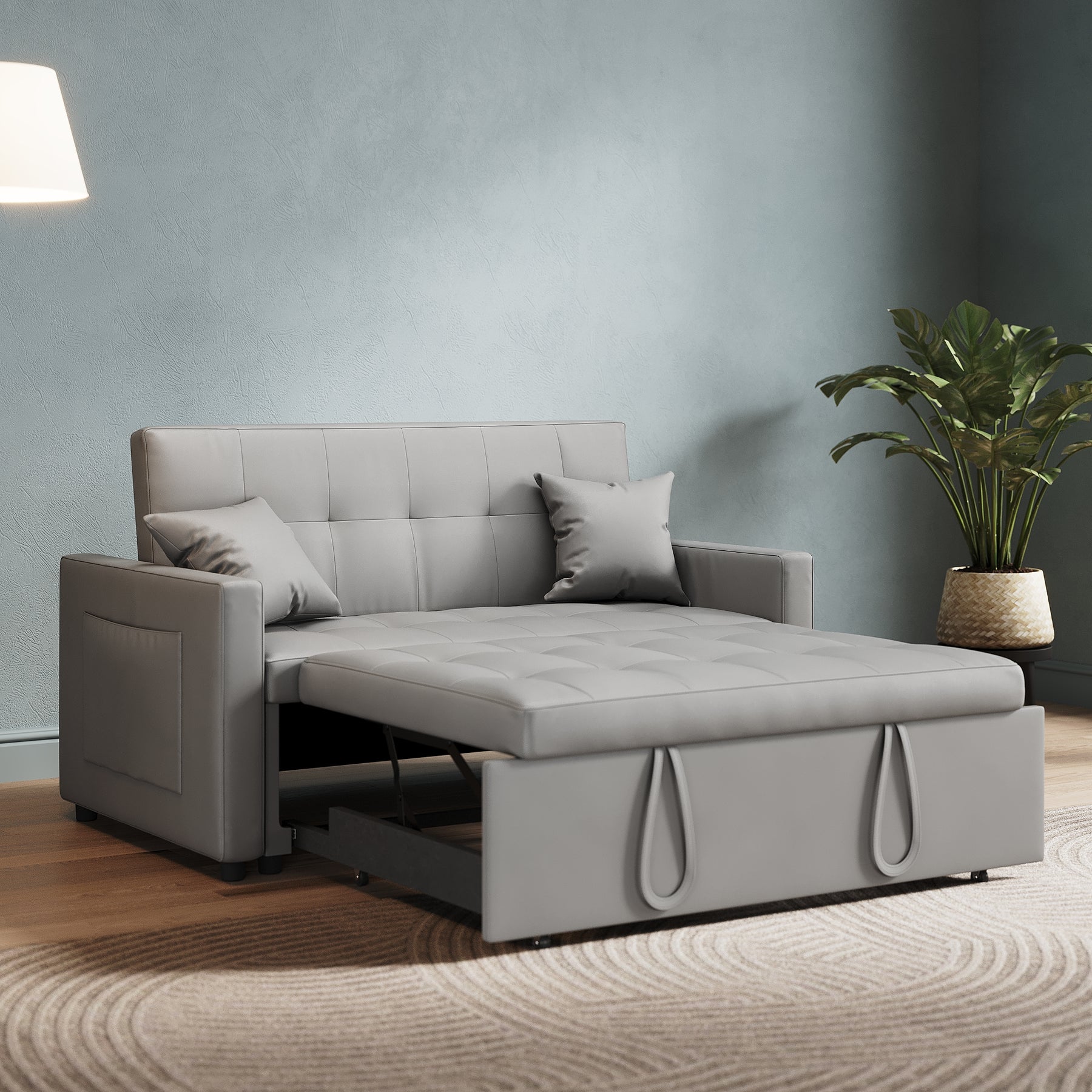 2 Seater Sofa Bed 3 in 1 with Storage, Hidden Pull-Out Bed, Adjustable Backrest and 2 Cushions, Light Gray