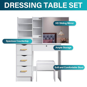 Dressing Table Stool Mirror Jewellery Cabinet Makeup Storage Drawer White - Elegantshowers