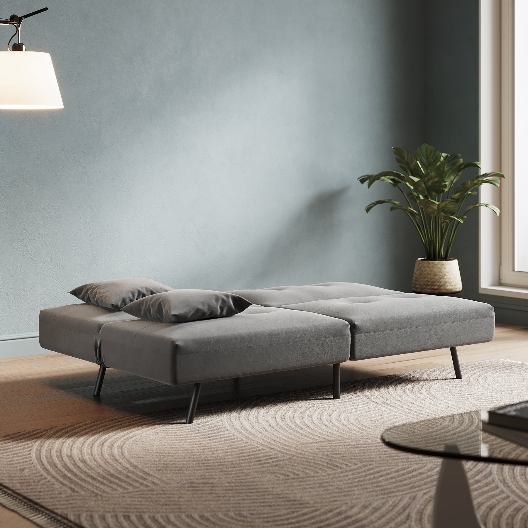 Sofa Bed 2 Seater with Sofa Bed Storage, Double Fold Design, Iron Legs, Adjustable Backrest and 2 Cushions, Dark Grey
