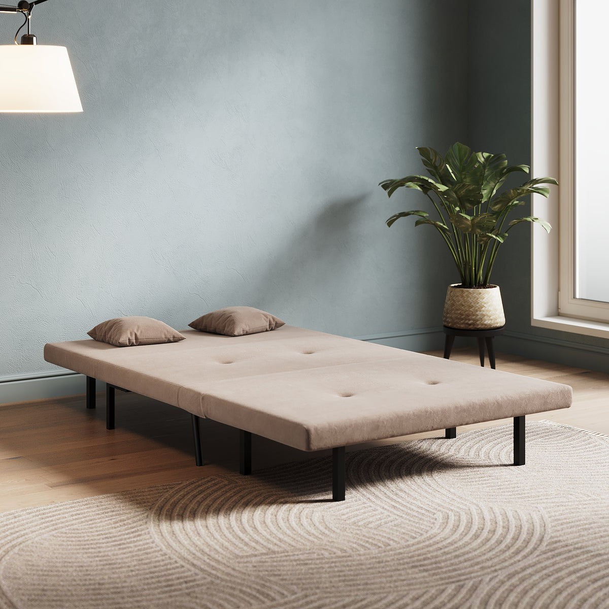 Sofa Bed with Sofa Bed Storage, 3 Fold Design, Iron Legs, 6-Level Backrest Adjustment and 2 Cushions, Khaki