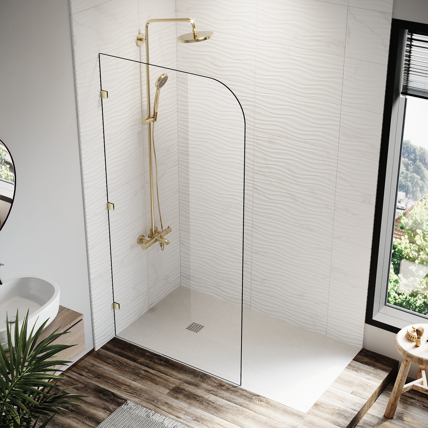 Elegant Showers Walk In Shower Frameless Screen Brushed Gold Hardware Fixed Panel 10mm Toughened Glass