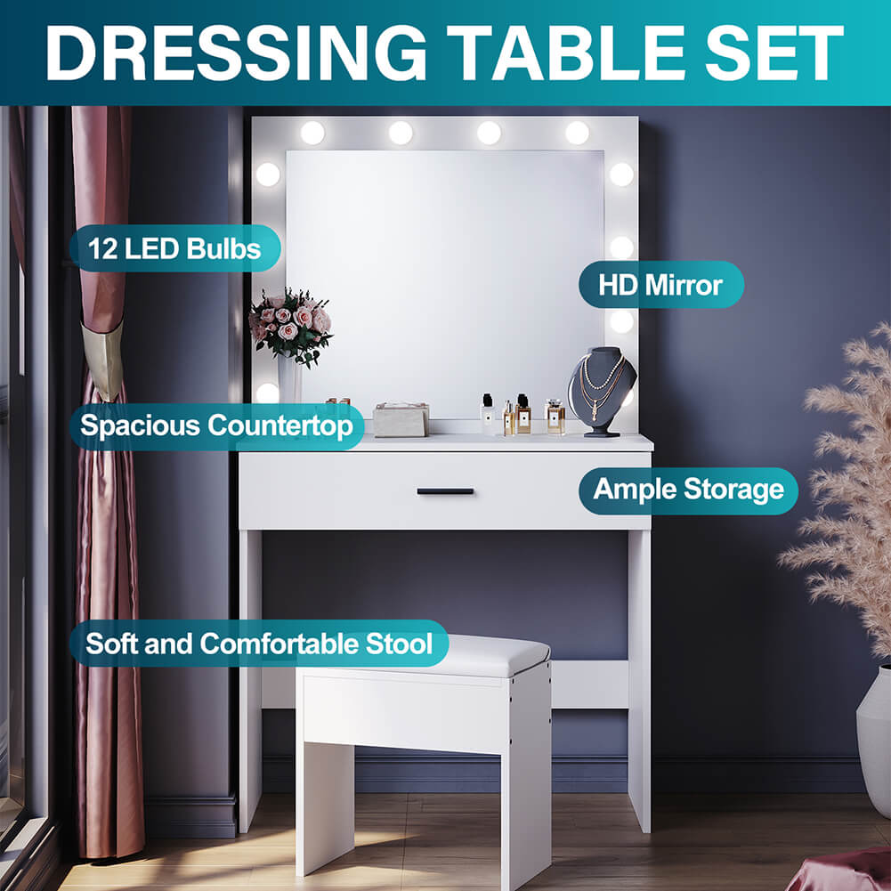 Dressing Table Vanity Set Stool Makeup 12 LED Bulbs Jewellery Organizer Cabinet - Elegantshowers
