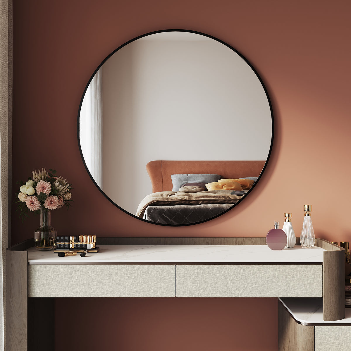 Black-framed round makeup mirror without light, wall-mounted or tabletop, 800x800x25mm