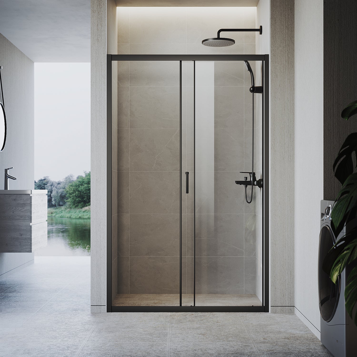 Sliding door shower enclosure, black framed, two-panel sliding shower screen