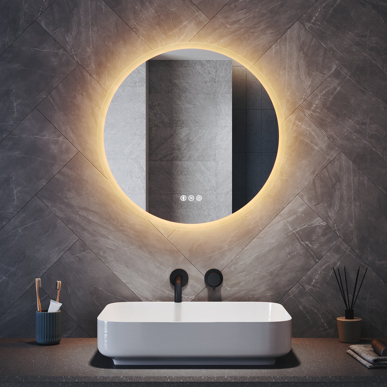 Round LED Bathroom Mirror with Touch Switch, Bluetooth, 3 Adjustable Light Colors, 600x600mm