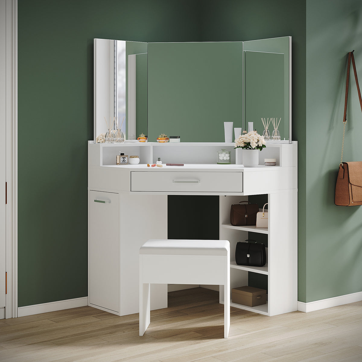 Corner dressing table with movable triple mirror, 3 open compartments, and 2 drawers, white