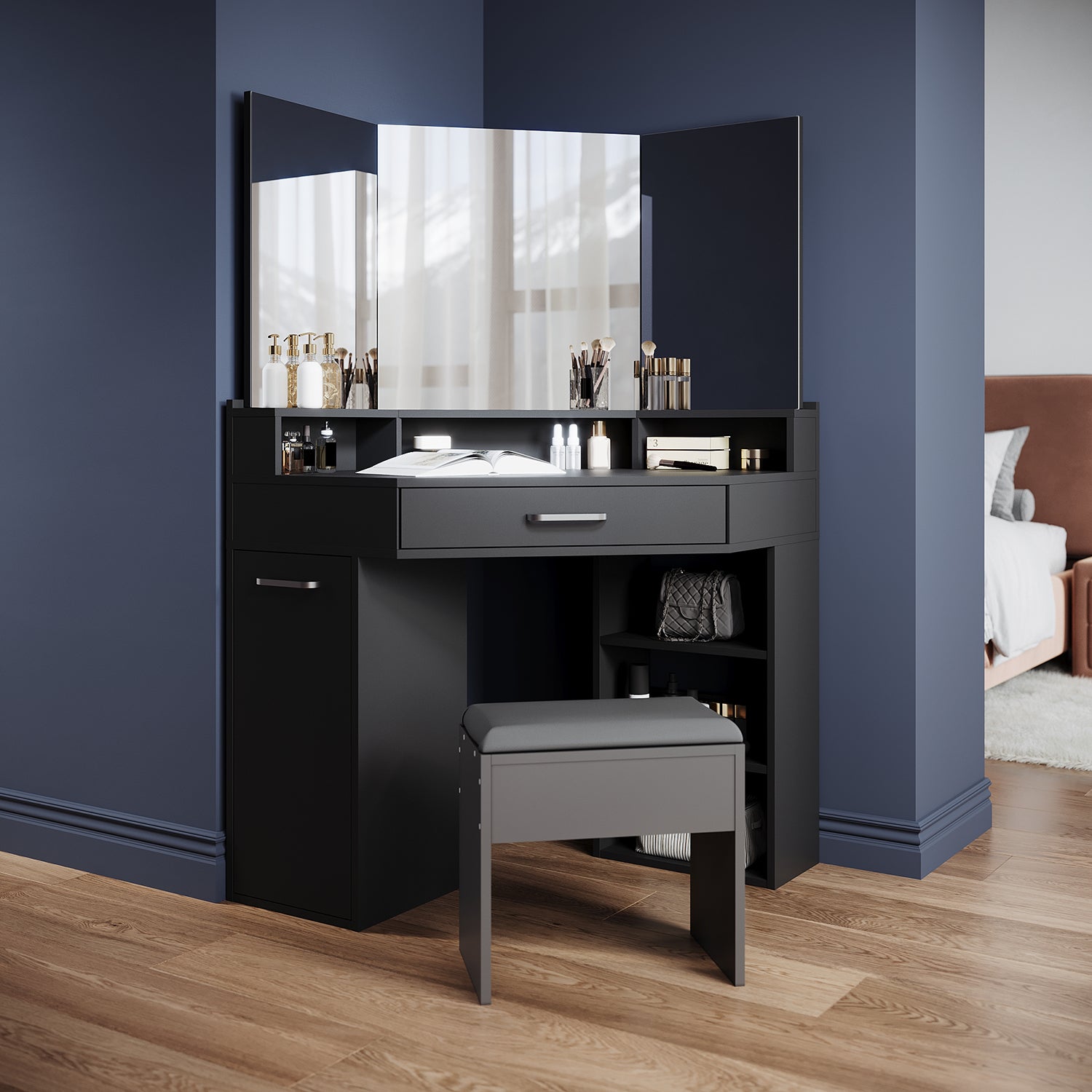Corner dressing table with movable triple mirror, 3 open compartments, and 2 drawers, black