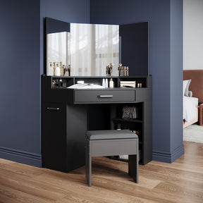 Corner dressing table with movable triple mirror, 3 open compartments, and 2 drawers, black