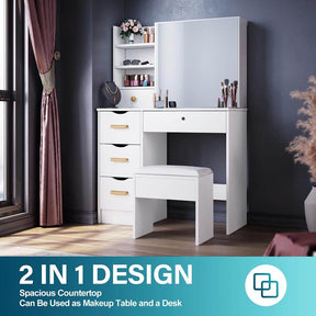 Dressing Table Stool Mirror Jewellery Cabinet Makeup Storage Drawer White - Elegantshowers