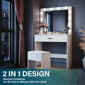 Dressing Table Vanity Set Stool Makeup 12 LED Bulbs Jewellery Organizer Cabinet - Elegantshowers