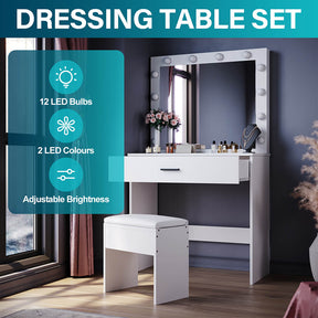 Dressing Table Vanity Set Stool Makeup 12 LED Bulbs Jewellery Organizer Cabinet - Elegantshowers