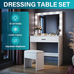 Dressing Table Vanity Set Stool Makeup 12 LED Bulbs Jewellery Organizer Cabinet - Elegantshowers