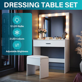 Dressing Table Vanity Set Stool Makeup 12 LED Bulbs Jewellery Organizer Cabinet - Elegantshowers