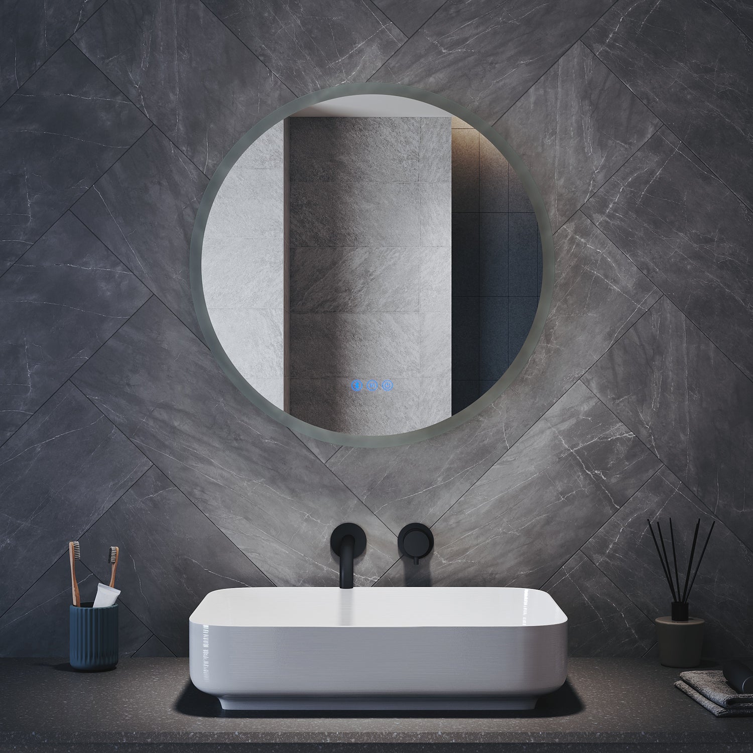 Round LED Bathroom Mirror with Touch Switch, Bluetooth, 3 Adjustable Light Colors, 600x600mm