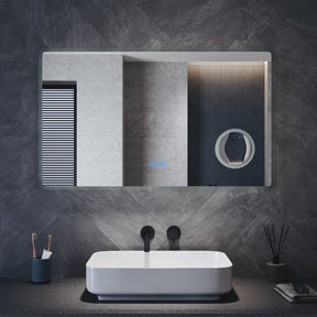 Lighted bathroom mirror with 3x magnification and wall outlet, memory function, 800x600x35mm